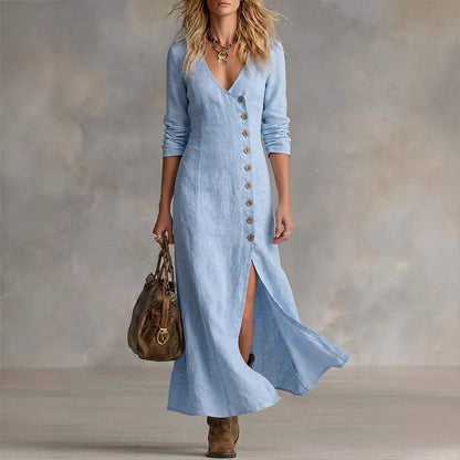 Women's Linen V-Neck Button Front Maxi Dress Slit