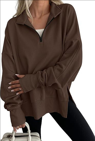 Oversized Half Zip Sweatshirt Side Slit Pullover Tunic