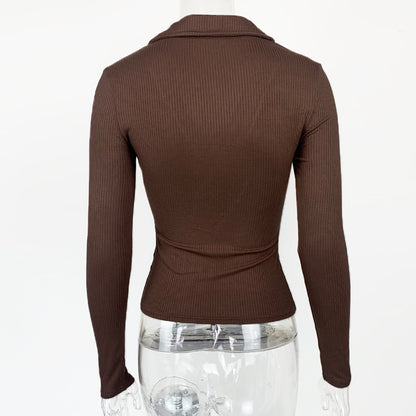 Women's Ribbed Polo V Neck Long Sleeve Fitted Top