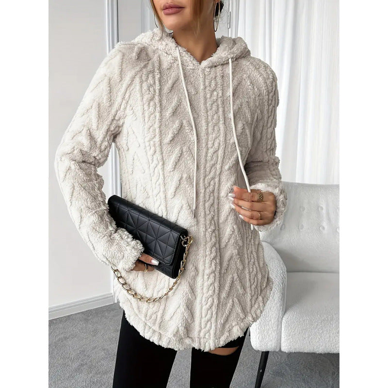 Women's Fuzzy Cable Knit Hoodie Drawstring Tunic Top