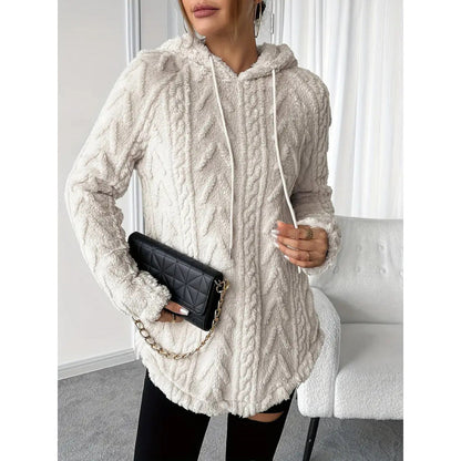 Women's Fuzzy Cable Knit Hoodie Drawstring Tunic Top