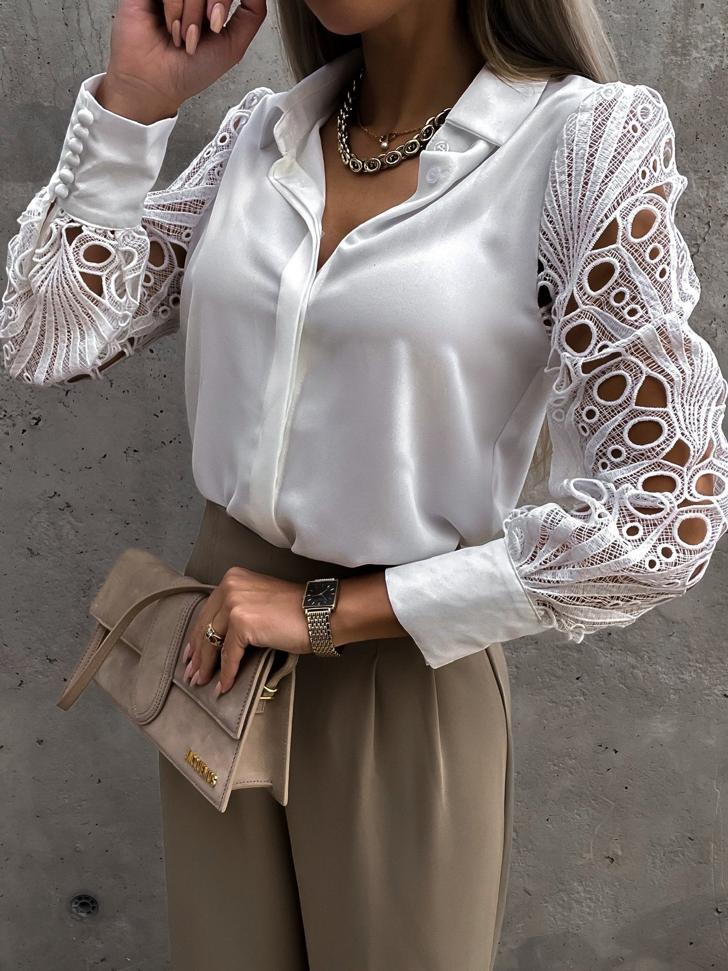 Women's Crochet Lace Sleeve Button Down Blouse