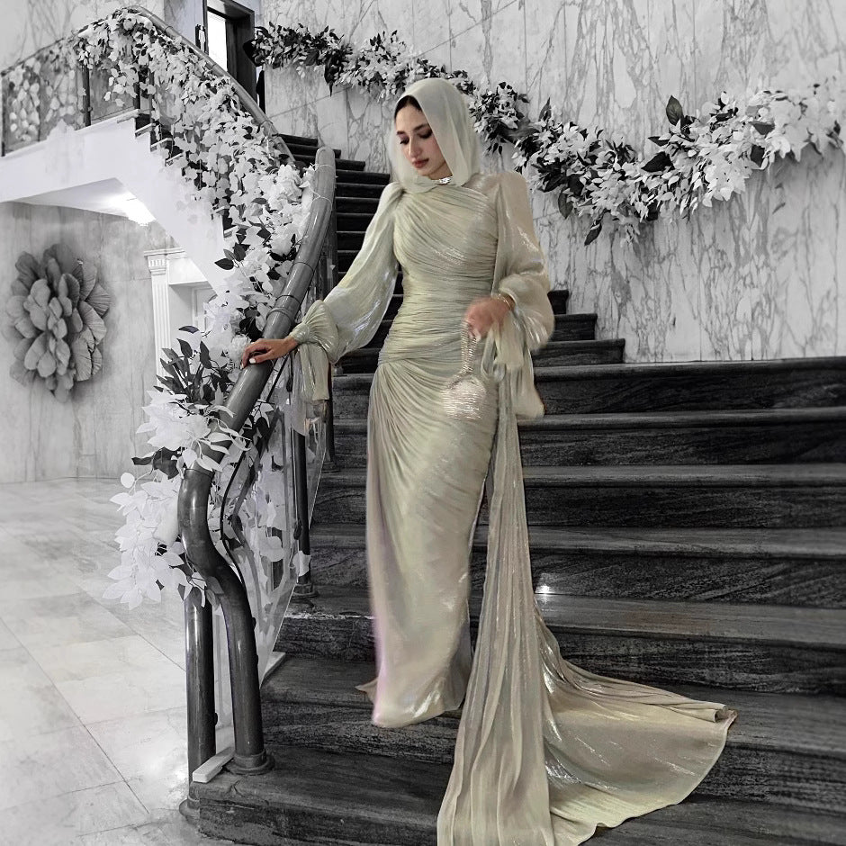 Elegant Ruched Long Sleeve Maxi Dress Evening Gown