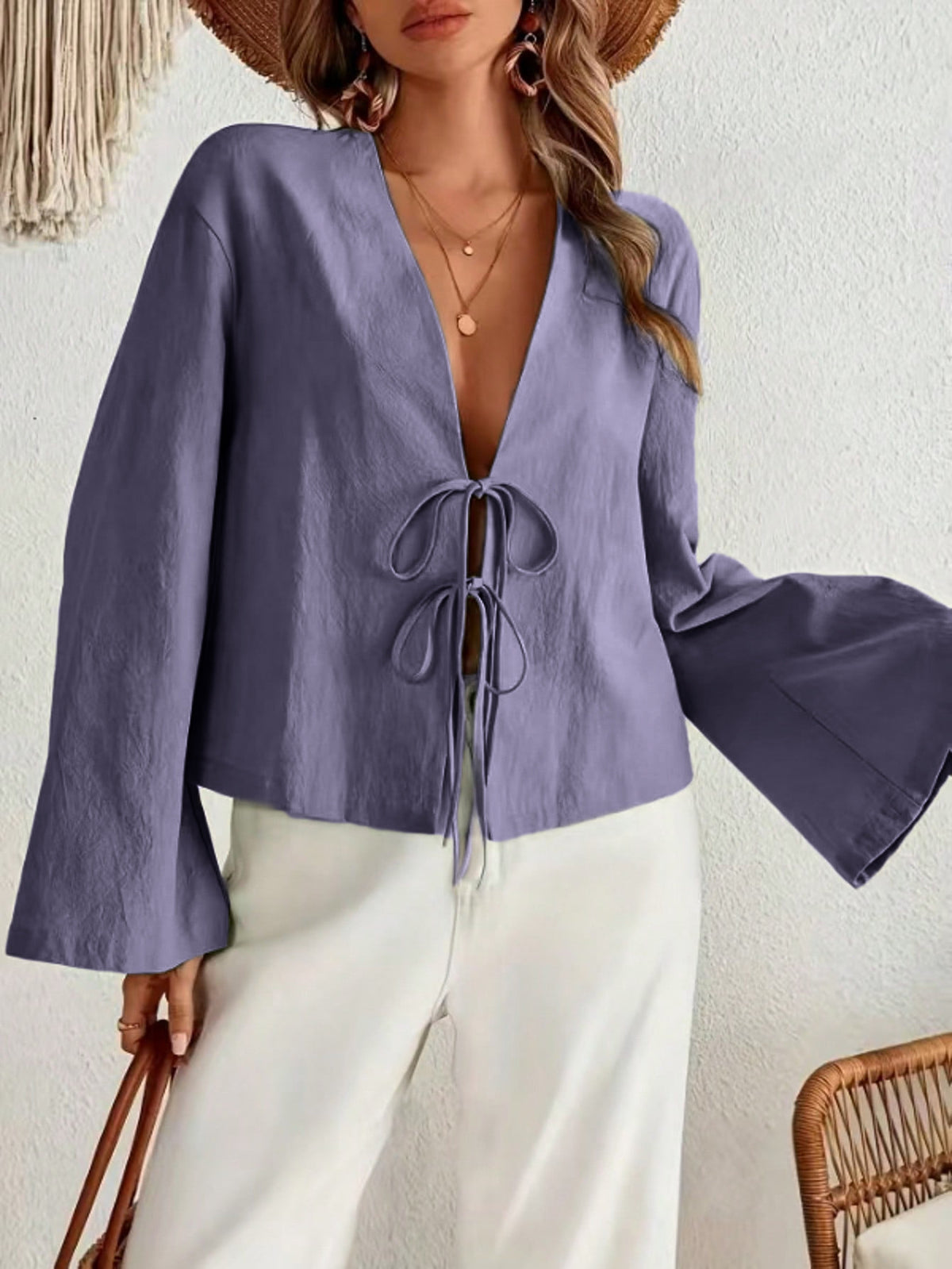 Tie Front V Neck Long Sleeve Bell Sleeve Blouse