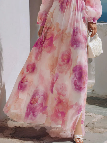 Pink Floral V-Neck Lantern Sleeve Maxi Dress