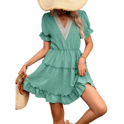 Women's Swiss Dot V Neck Puff Sleeve Tiered Mini Dress