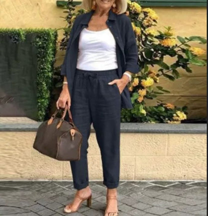 Women's Solid Relaxed Two Piece Pants Set Long Sleeve Top