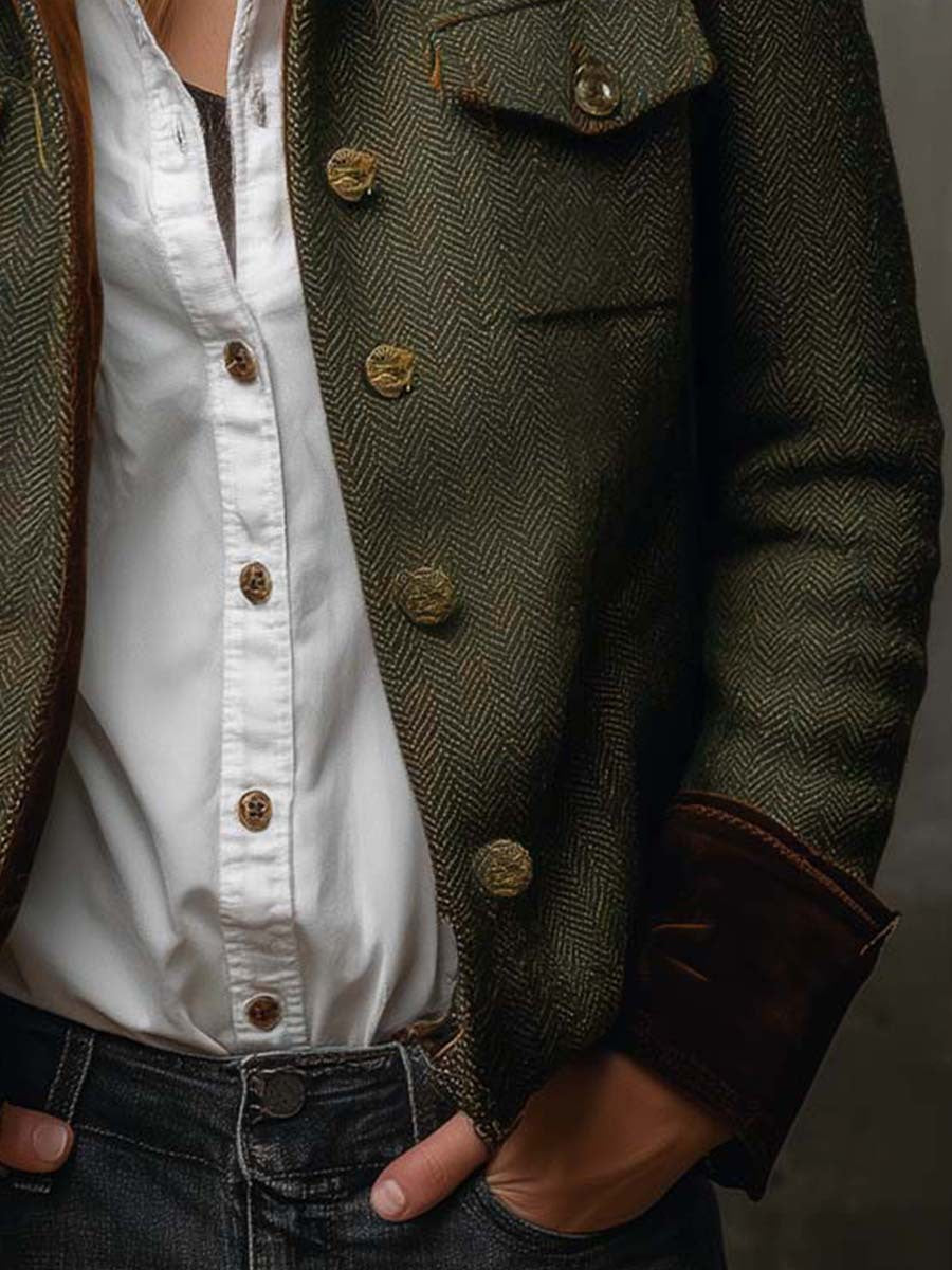 Women Herringbone Tweed Blazer Velvet Trim Vintage Jacket