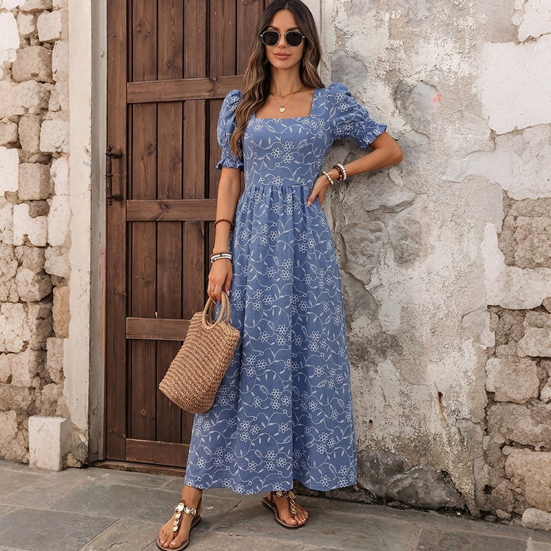 Floral Square Neck Puff Sleeve Maxi Dress Resort Style