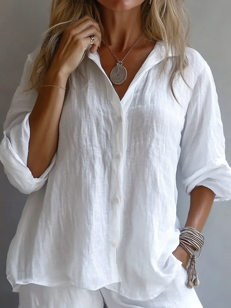Women Linen V Neck Button Down Long Sleeve Casual Shirt