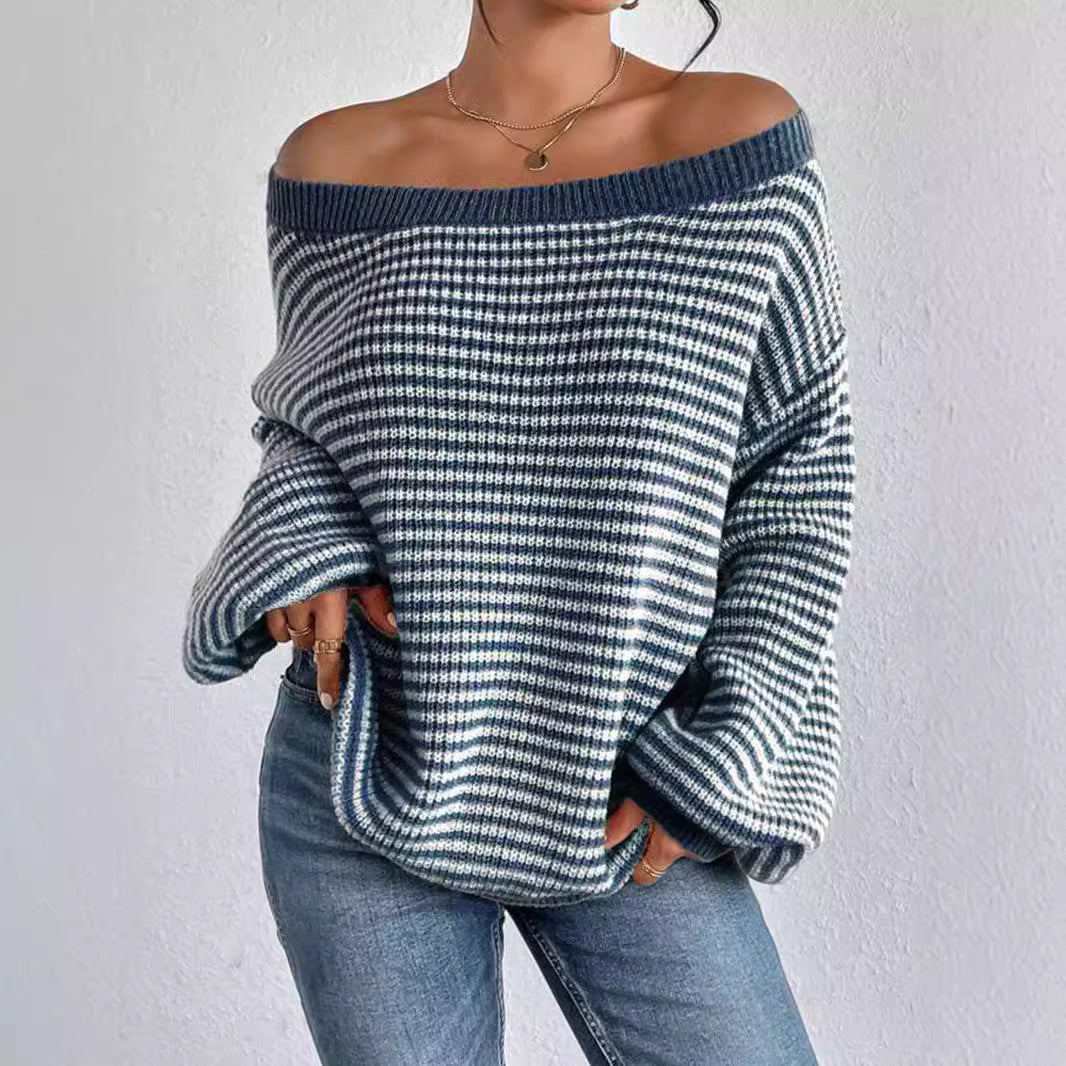 Women's Off Shoulder Striped Oversized Pullover Sweater