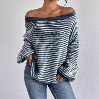 Women's Off Shoulder Striped Oversized Pullover Sweater