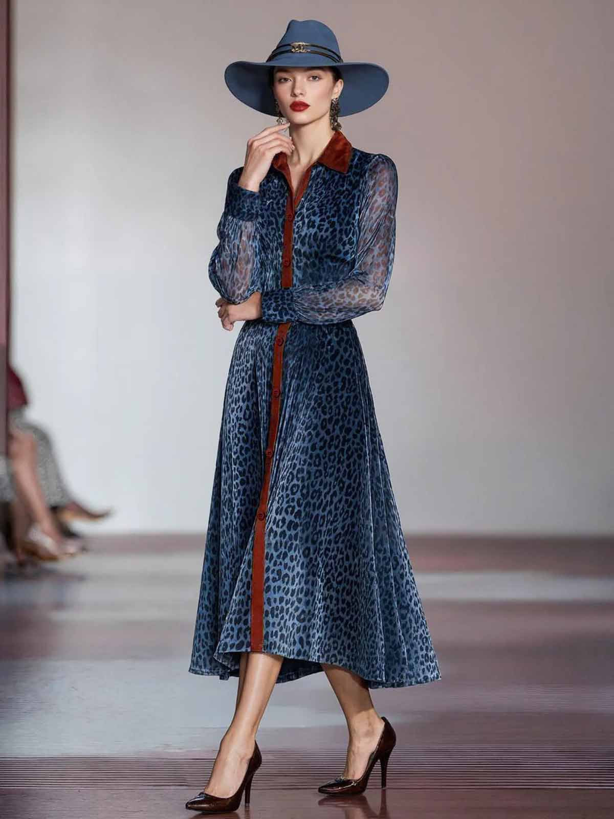 Blue Leopard Print Long Sleeve Shirt Midi Dress