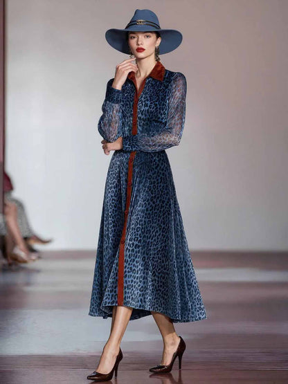 Blue Leopard Print Long Sleeve Shirt Midi Dress