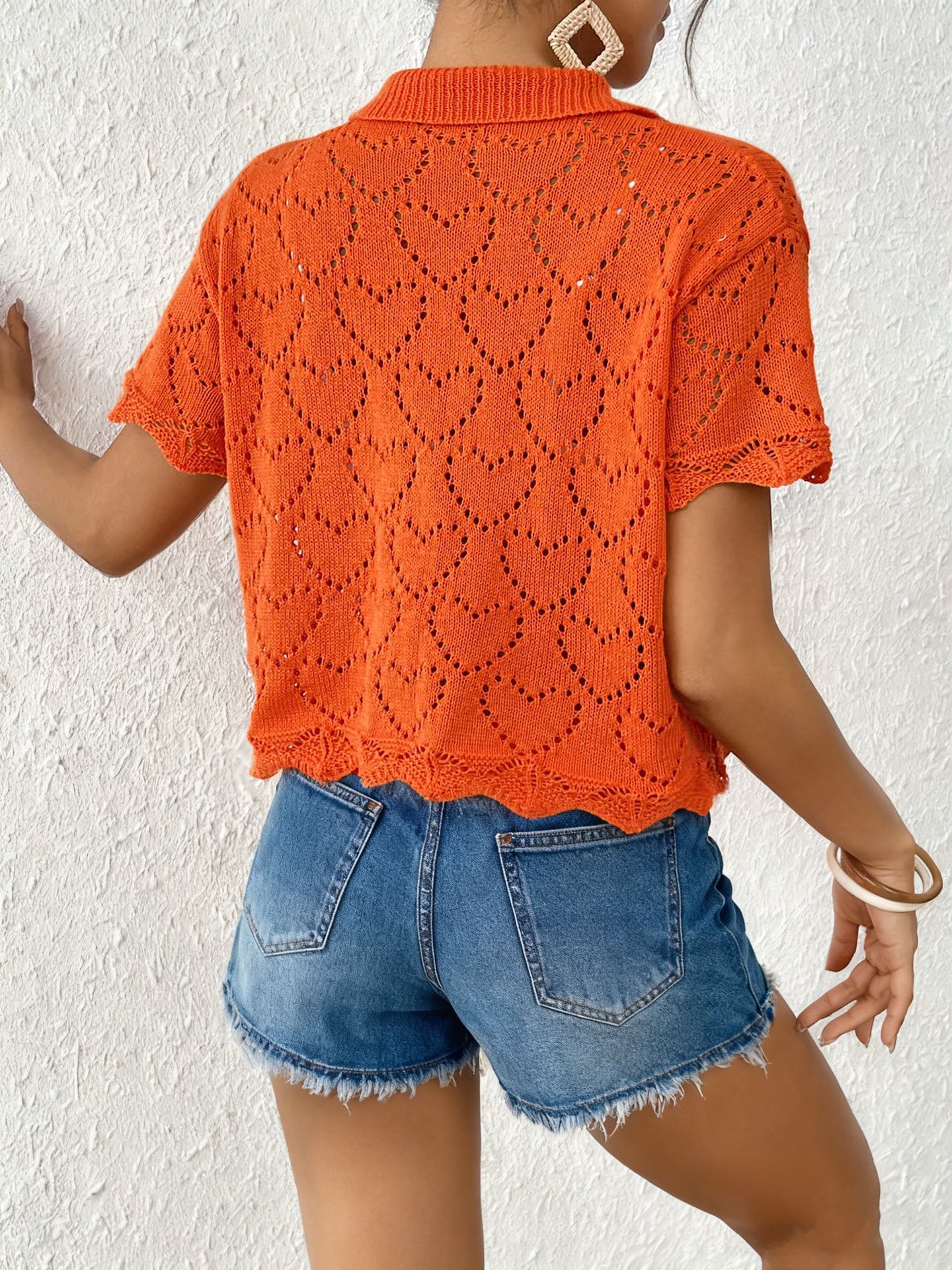Crochet Heart Knit Button Front Cardigan Beach Cover Up