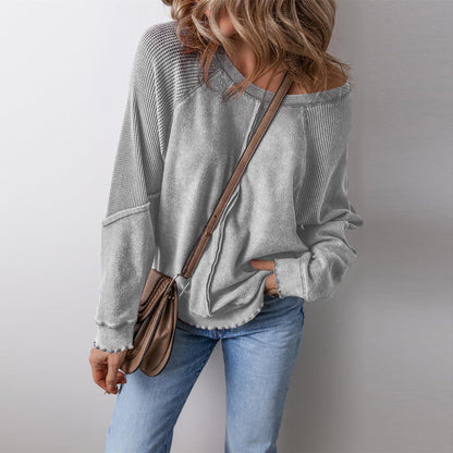 Oversized Crewneck Sweatshirt Exposed Seam Waffle Knit