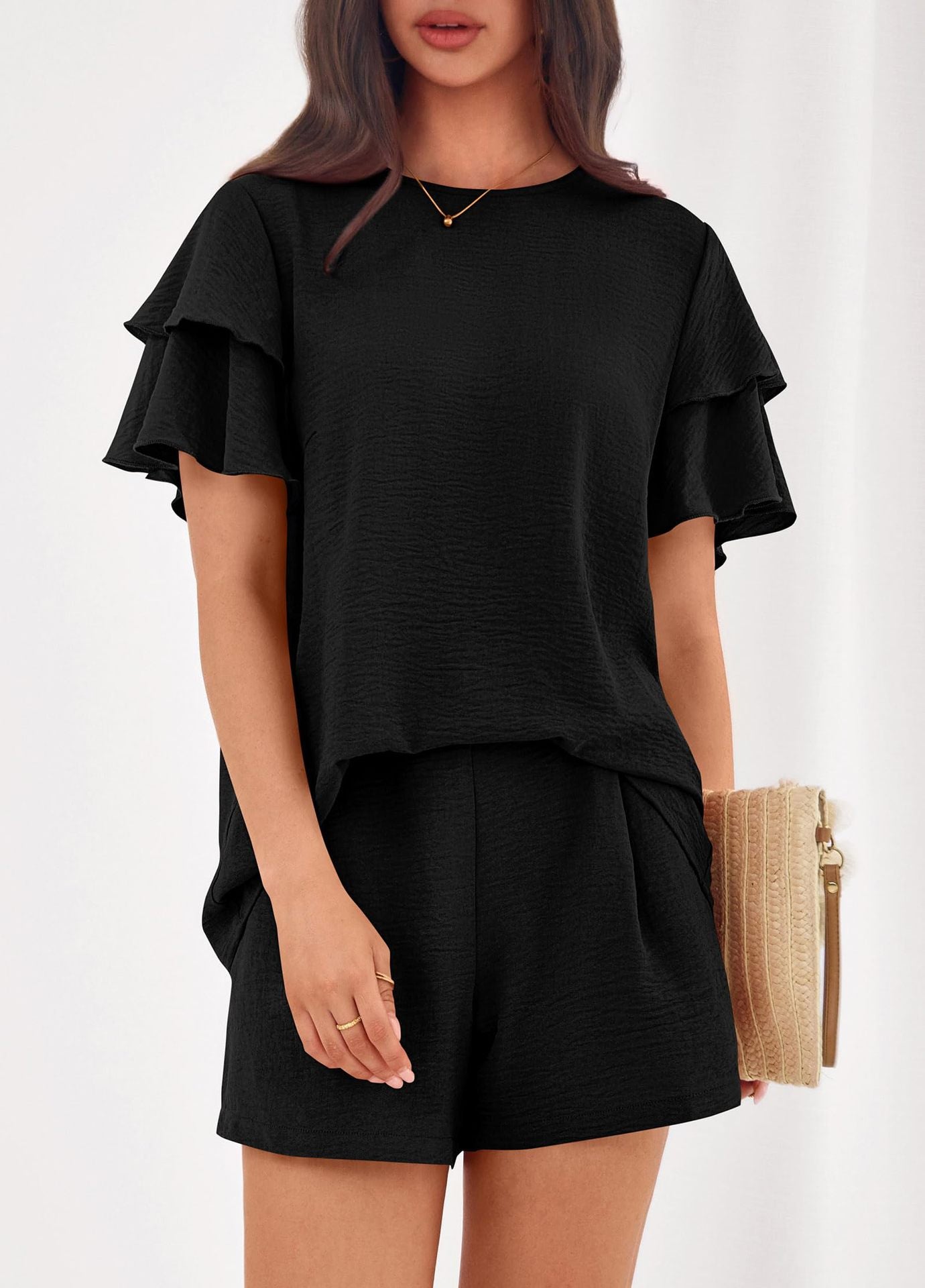 Solid Lounge Set Ruffle Sleeve Top Shorts 2 Piece Set