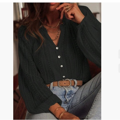 Women's Crochet Balloon Sleeve V Neck Blouse