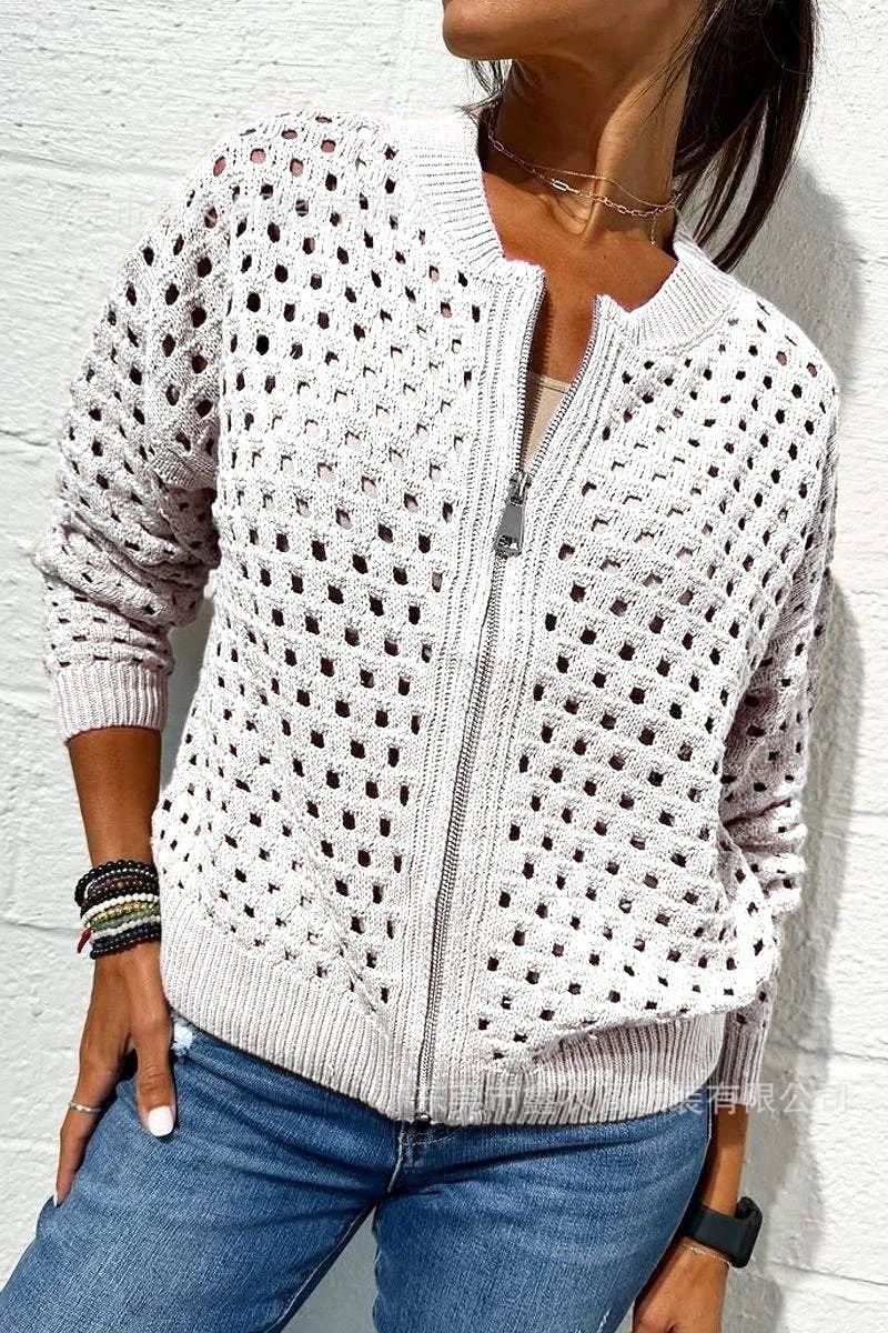 Women's Open Knit Zip Up Cardigan Sweater