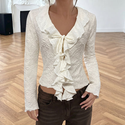 Ruffle Tie Front Textured Top V Neck Long Sleeve