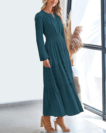 Women's V-Neck Long Sleeve Tiered Maxi Smocked Cotton Dress