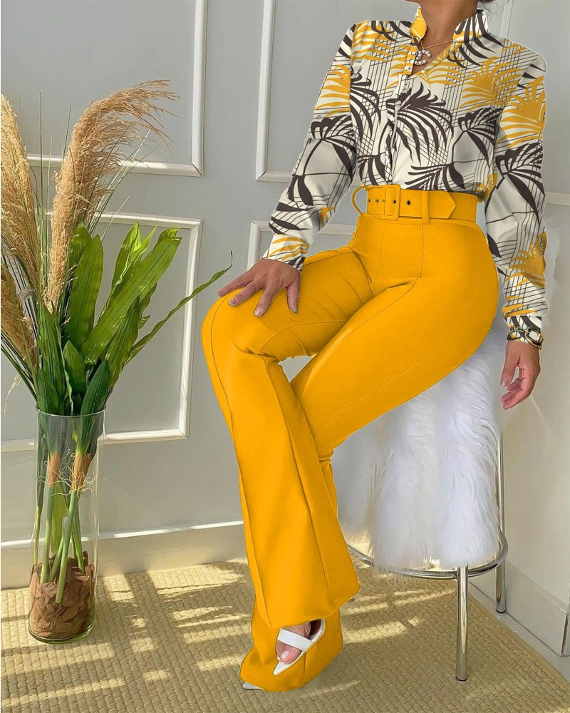 Women's Belted Floral Shirt & Pants Set