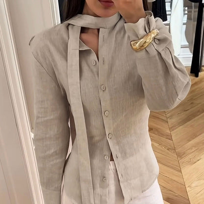 Women's Tie Neck Button Down Shirt Long Sleeve Cotton