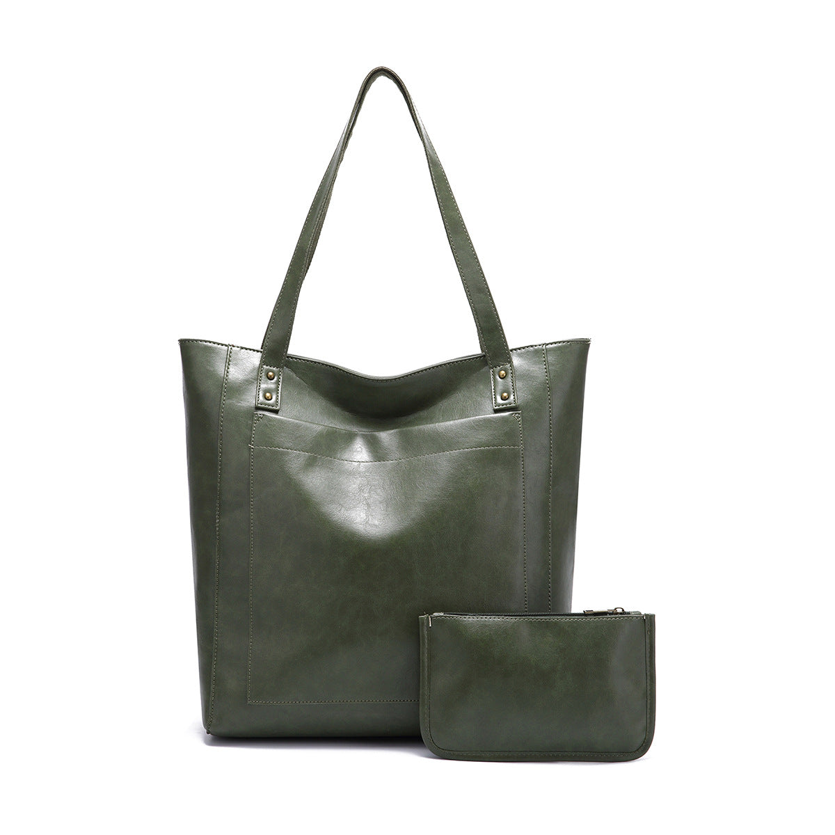 Vintage Soft Leather Tote Bag Set with Zip Pouch, Large Capacity