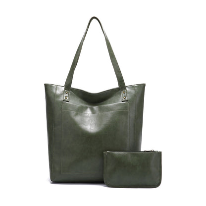 Vintage Soft Leather Tote Bag Set with Zip Pouch, Large Capacity
