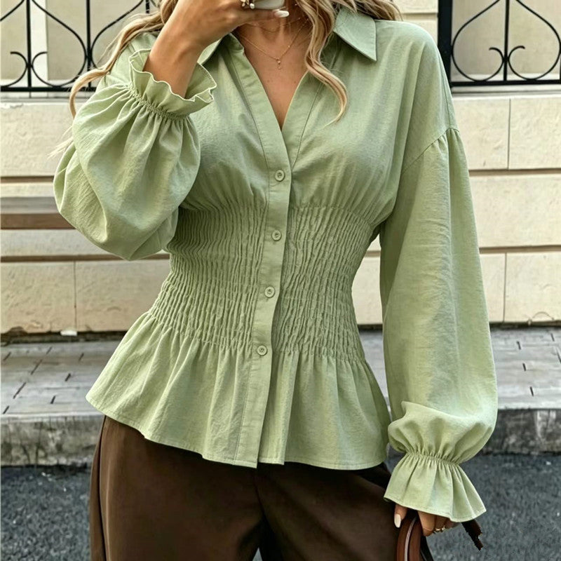 Women's Smocked Waist Cotton Blouse Balloon Sleeve Top