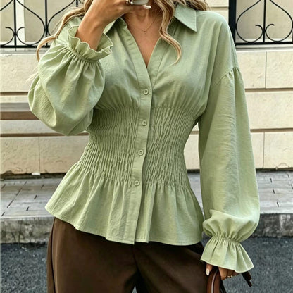 Women's Smocked Waist Cotton Blouse Balloon Sleeve Top