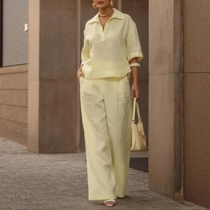 Women's Linen 2 Piece Set Wide Leg Pants Collared Top