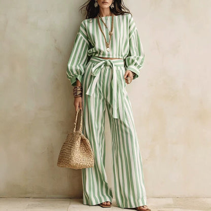 Striped Two Piece Crop Top Wide Leg Pants Set