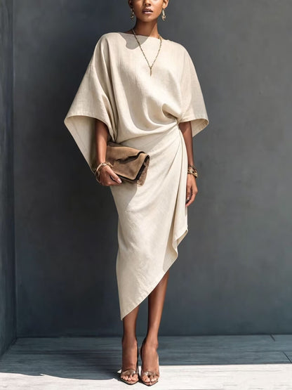 Women's Batwing Sleeve Solid Asymmetrical Midi Dress