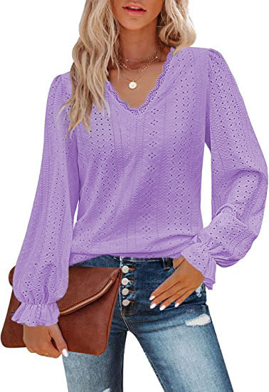 Women's Eyelet V-Neck Puff Sleeve Lace Blouse