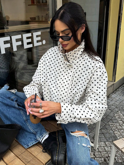 Polka Dot Zip Jacket Stand Collar Pocket Loose Coat