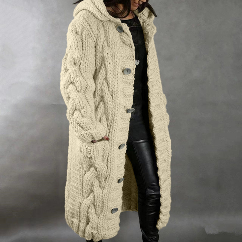 Women's Chunky Cable Knit Hooded Long Cardigan Plus Size