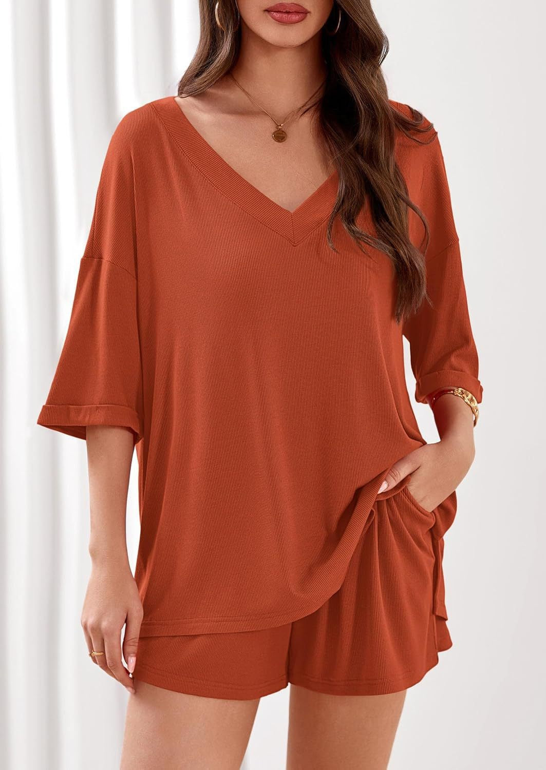 Ribbed V Neck Lounge Set Oversized Top Shorts Set