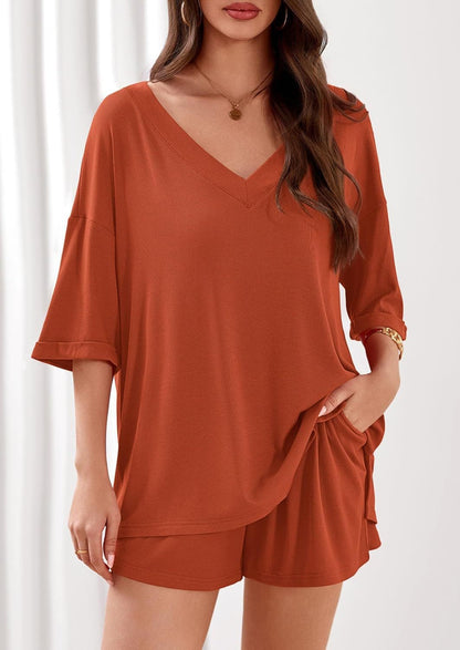 Ribbed V Neck Lounge Set Oversized Top Shorts Set