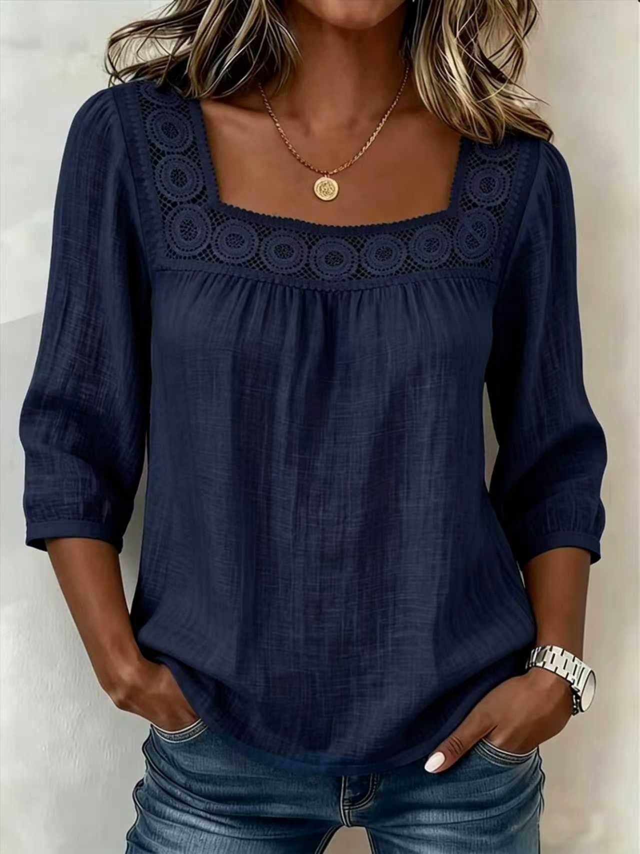 Women's Square Neck Eyelet Lace 3/4 Sleeve Summer Blouse
