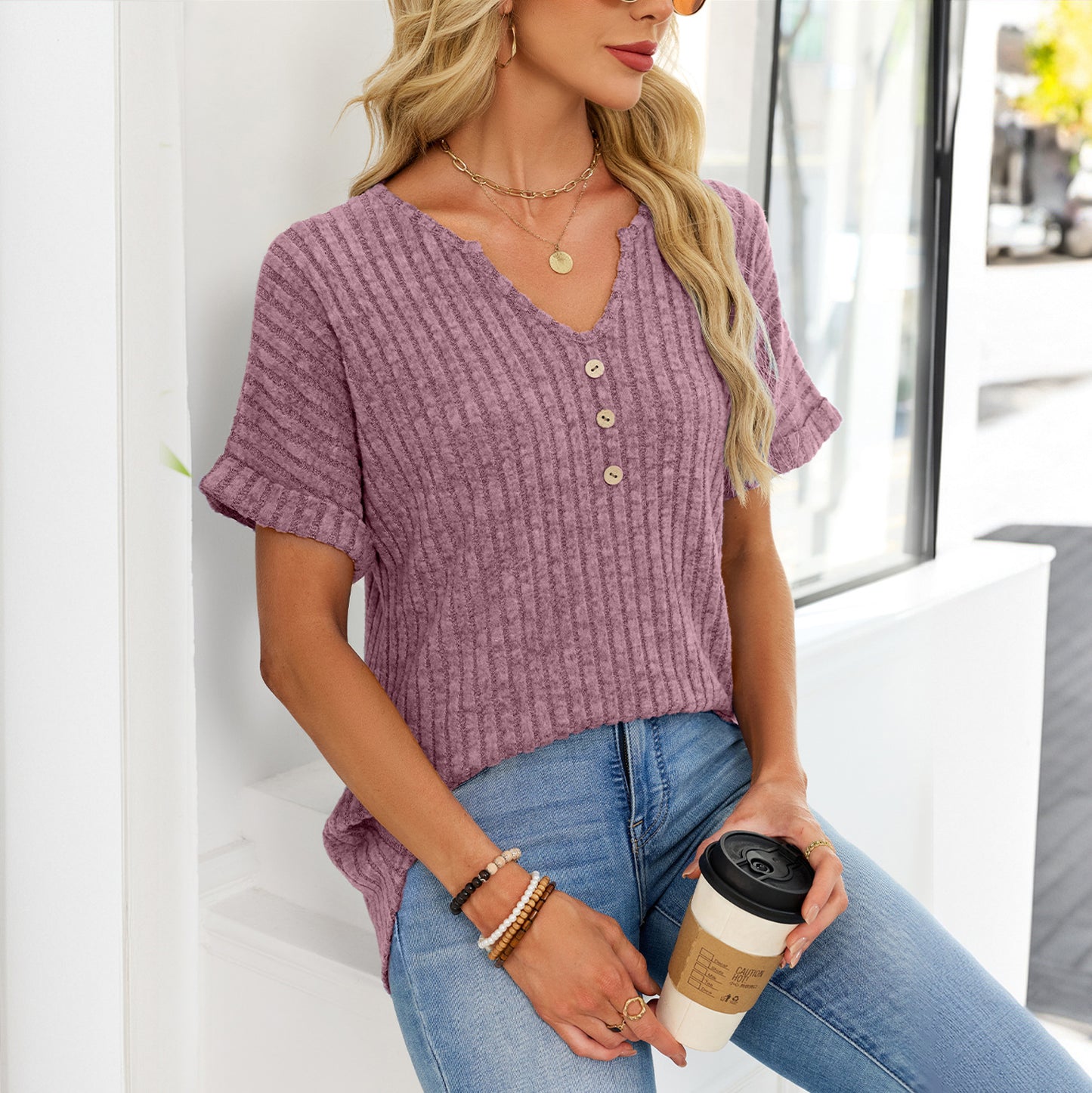 Ribbed V-Neck Button Top – Loose Fit Summer Casual Tee