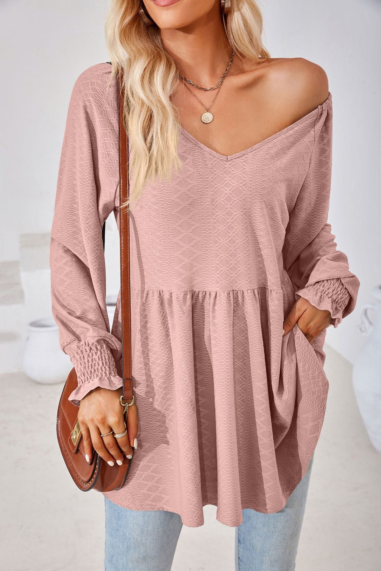 Women's V Neck Long Sleeve Textured Babydoll Tunic Top