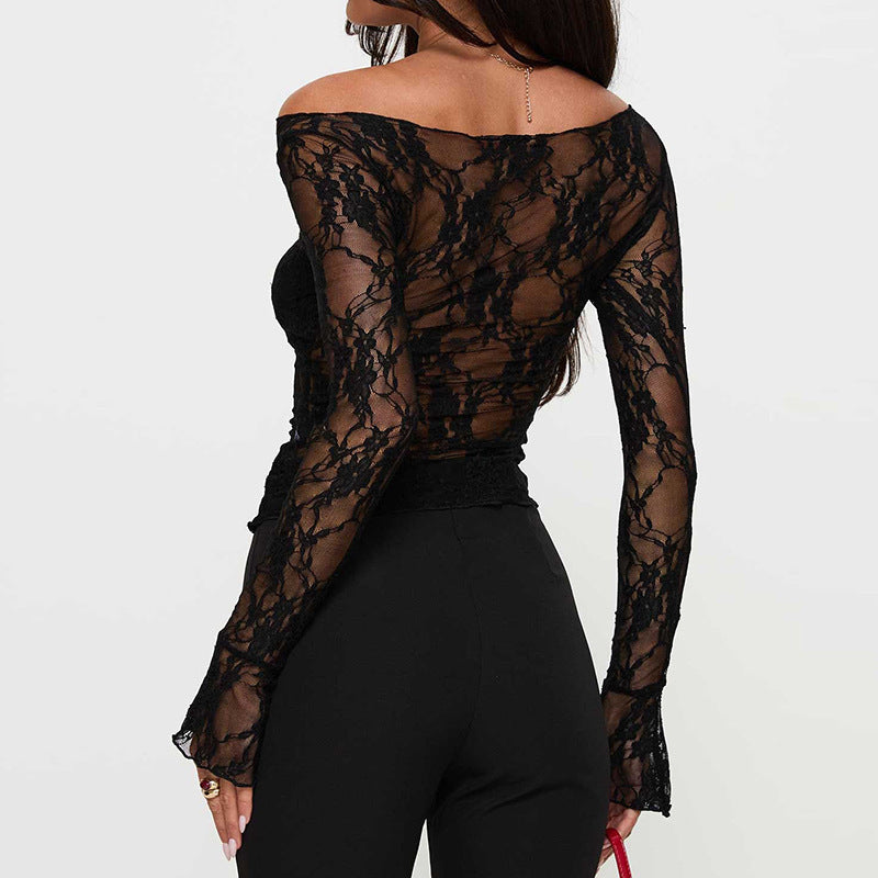 Sexy Sheer Lace Top Long Sleeve Off Shoulder Fitted