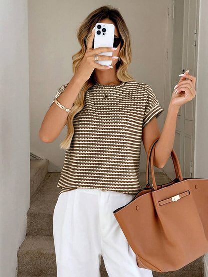 Striped Knit Sweater Crew Neck Short Sleeve Top