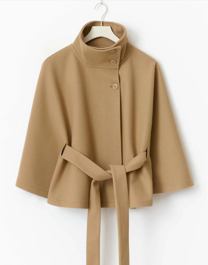 Women's Belted Cape Coat Stand Collar Button Jacket