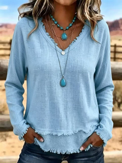 Women's Frayed Hem V-Neck Long Sleeve Casual Top