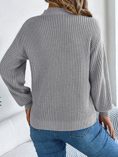 Hollow Out V Neck Cable Knit Lantern Sleeve Sweater