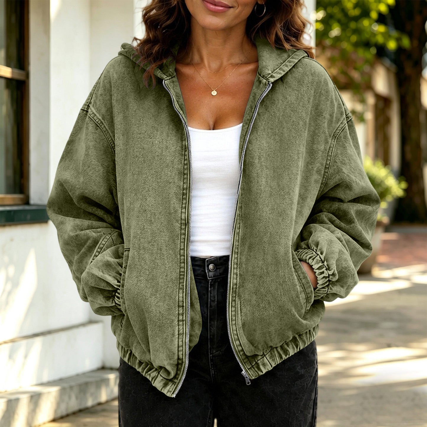 Women Oversized Hooded Zip-Up Cropped Denim Jacket