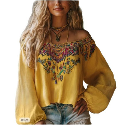 Women's Boho Off Shoulder Lantern Sleeve Floral Tribal Top