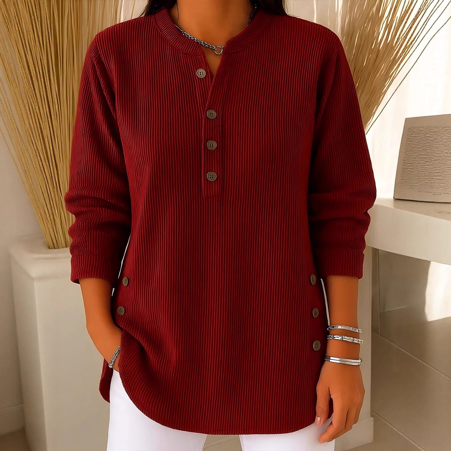 Corduroy Button Front Long Sleeve Henley Top